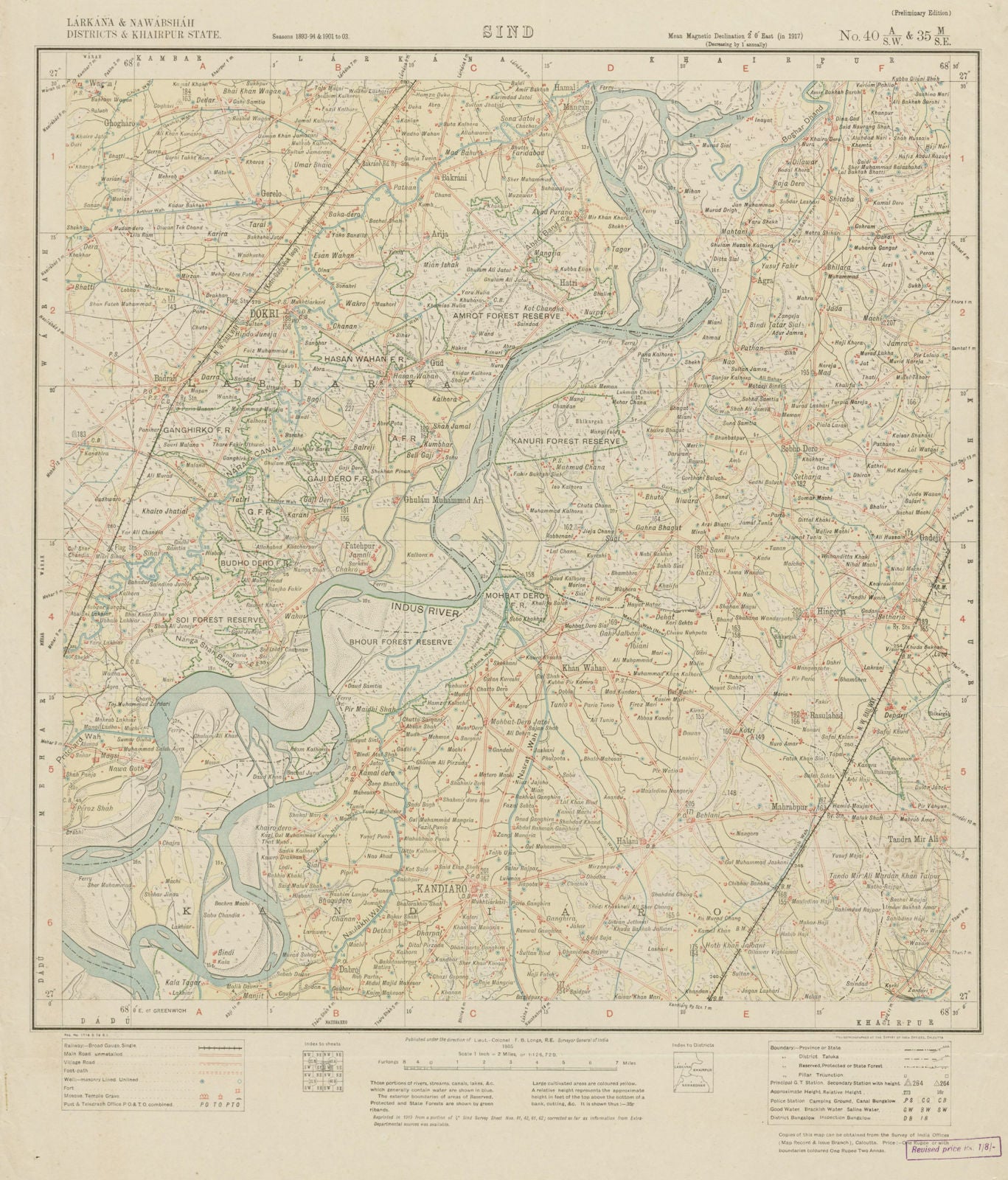 SURVEY OF INDIA 40 A/SW & 35 M/SE Pakistan Sindh Larkana Kandiaro Dokri 1905 map